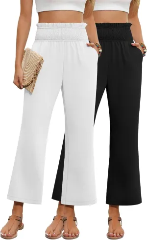 2 Pack Women's Linen Pants, High Waist Cropped Wide Leg Loose Pants with Pockets Flowy Palazzo Beach Trousers