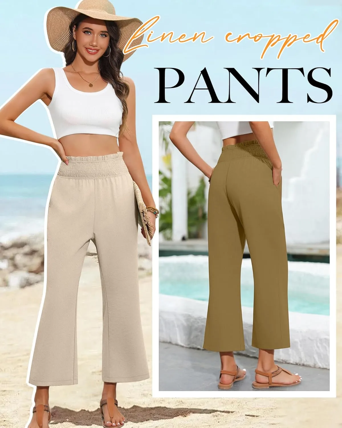 2 Pack Women's Linen Pants, High Waist Cropped Wide Leg Loose Pants with Pockets Flowy Palazzo Beach Trousers