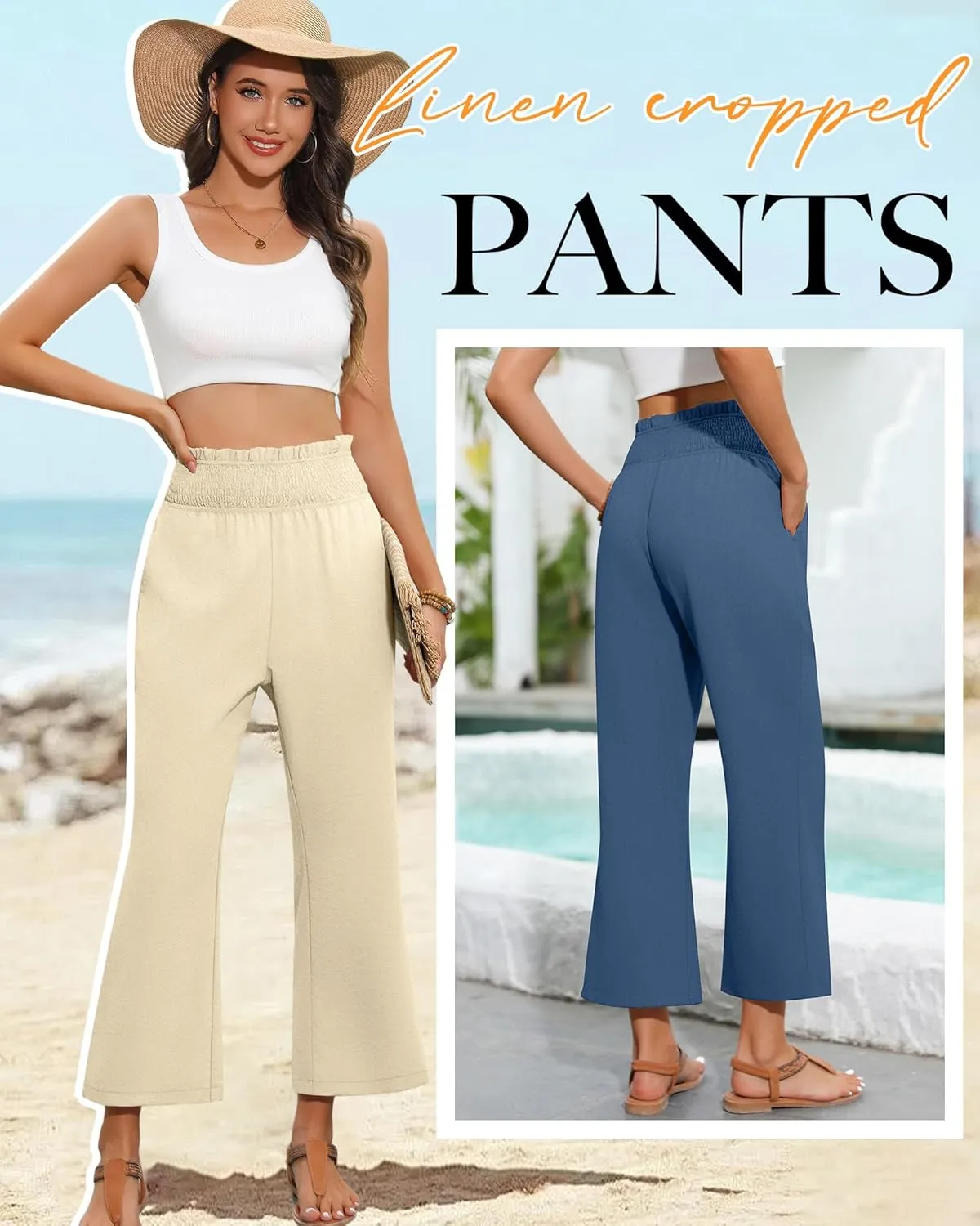 2 Pack Women's Linen Pants, High Waist Cropped Wide Leg Loose Pants with Pockets Flowy Palazzo Beach Trousers