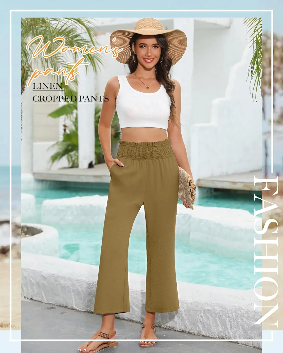 2 Pack Women's Linen Pants, High Waist Cropped Wide Leg Loose Pants with Pockets Flowy Palazzo Beach Trousers