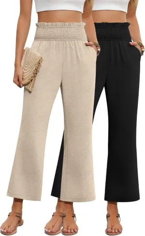2 Pack Women's Linen Pants, High Waist Cropped Wide Leg Loose Pants with Pockets Flowy Palazzo Beach Trousers