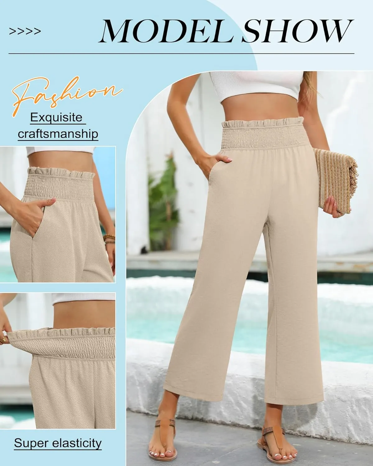2 Pack Women's Linen Pants, High Waist Cropped Wide Leg Loose Pants with Pockets Flowy Palazzo Beach Trousers