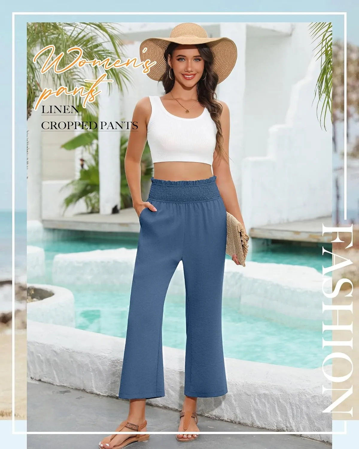 2 Pack Women's Linen Pants, High Waist Cropped Wide Leg Loose Pants with Pockets Flowy Palazzo Beach Trousers
