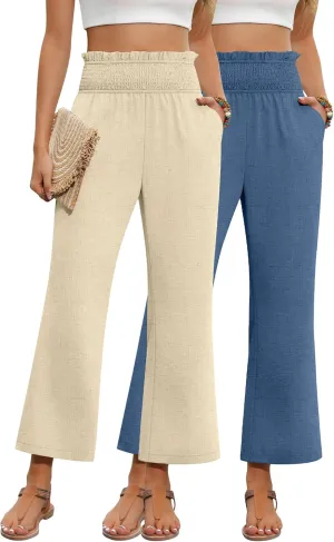 2 Pack Women's Linen Pants, High Waist Cropped Wide Leg Loose Pants with Pockets Flowy Palazzo Beach Trousers