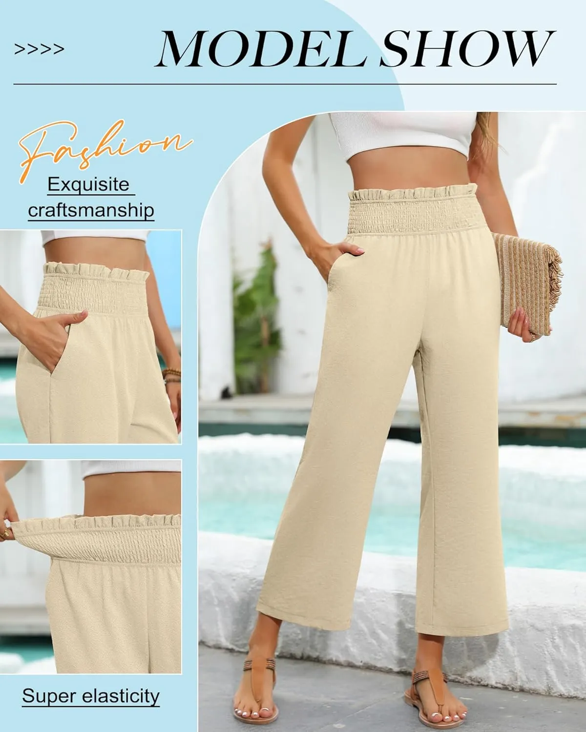 2 Pack Women's Linen Pants, High Waist Cropped Wide Leg Loose Pants with Pockets Flowy Palazzo Beach Trousers