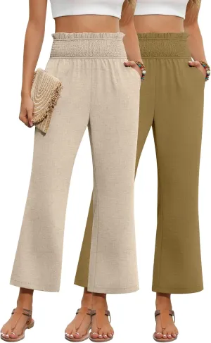 2 Pack Women's Linen Pants, High Waist Cropped Wide Leg Loose Pants with Pockets Flowy Palazzo Beach Trousers