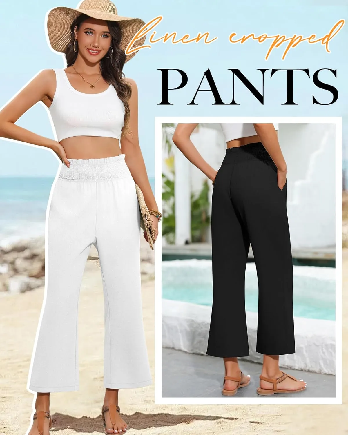 2 Pack Women's Linen Pants, High Waist Cropped Wide Leg Loose Pants with Pockets Flowy Palazzo Beach Trousers