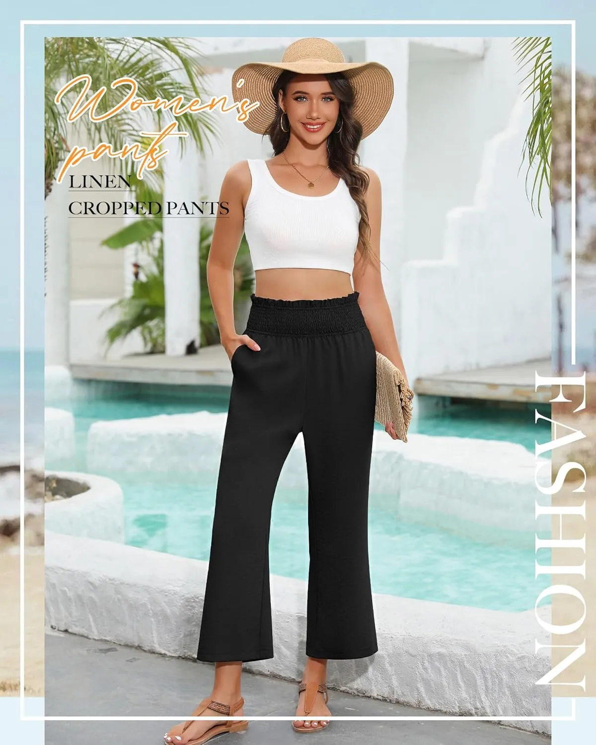 2 Pack Women's Linen Pants, High Waist Cropped Wide Leg Loose Pants with Pockets Flowy Palazzo Beach Trousers