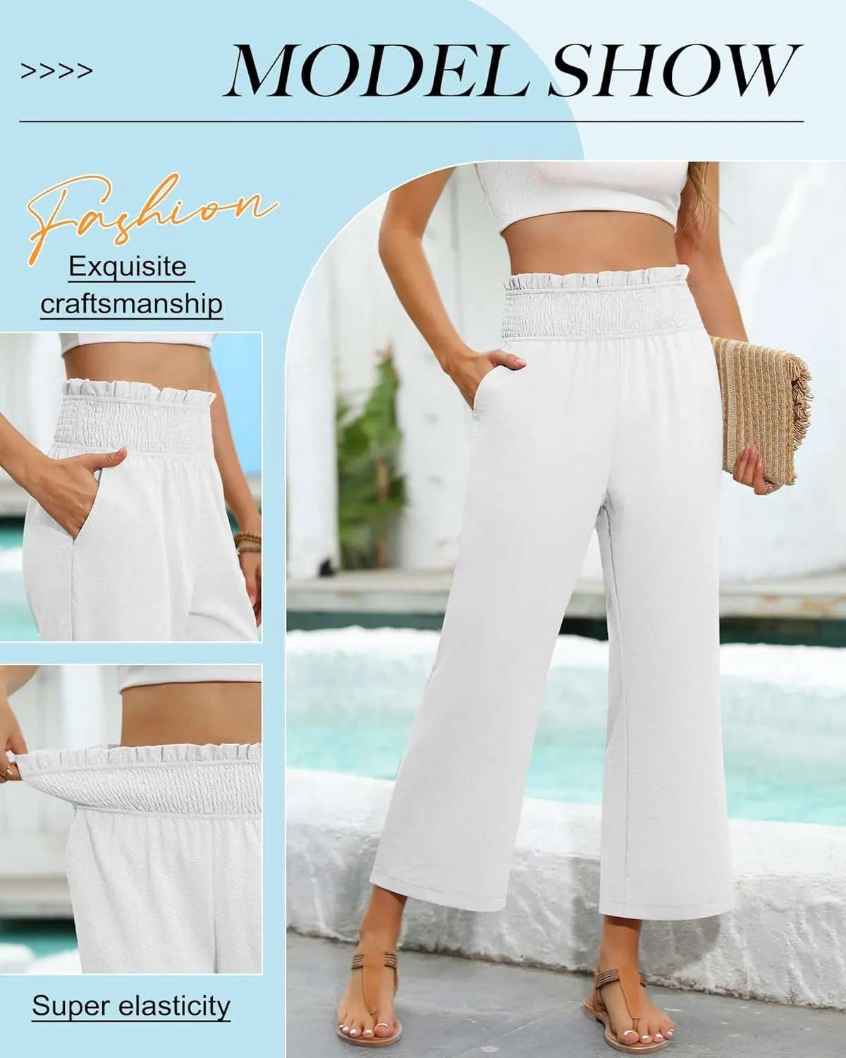 2 Pack Women's Linen Pants, High Waist Cropped Wide Leg Loose Pants with Pockets Flowy Palazzo Beach Trousers