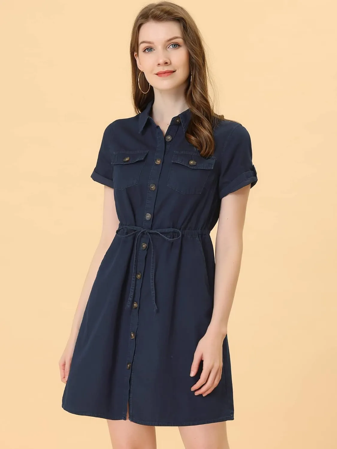 Allegra K Women's Jean Dress Short Sleeve Tie Waist Casual Button Down Shirt Denim Dresses