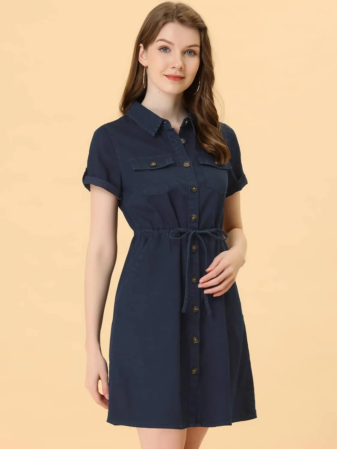 Allegra K Women's Jean Dress Short Sleeve Tie Waist Casual Button Down Shirt Denim Dresses