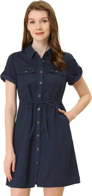 Allegra K Women's Jean Dress Short Sleeve Tie Waist Casual Button Down Shirt Denim Dresses