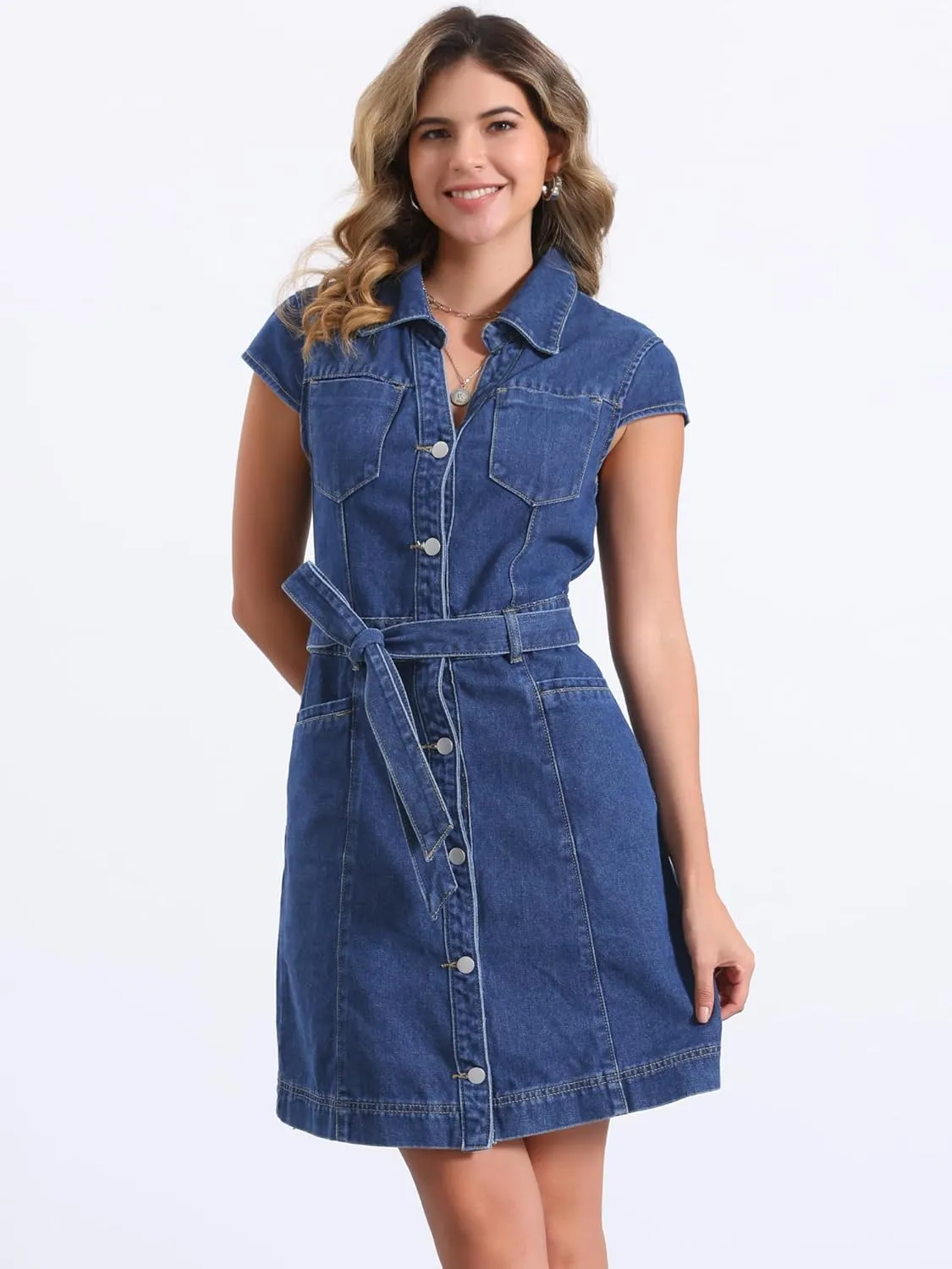 Allegra K Women's Summer Denim Dress Casual Cap Sleeve Belted Button Down V Neck Jean Shirt Dresses