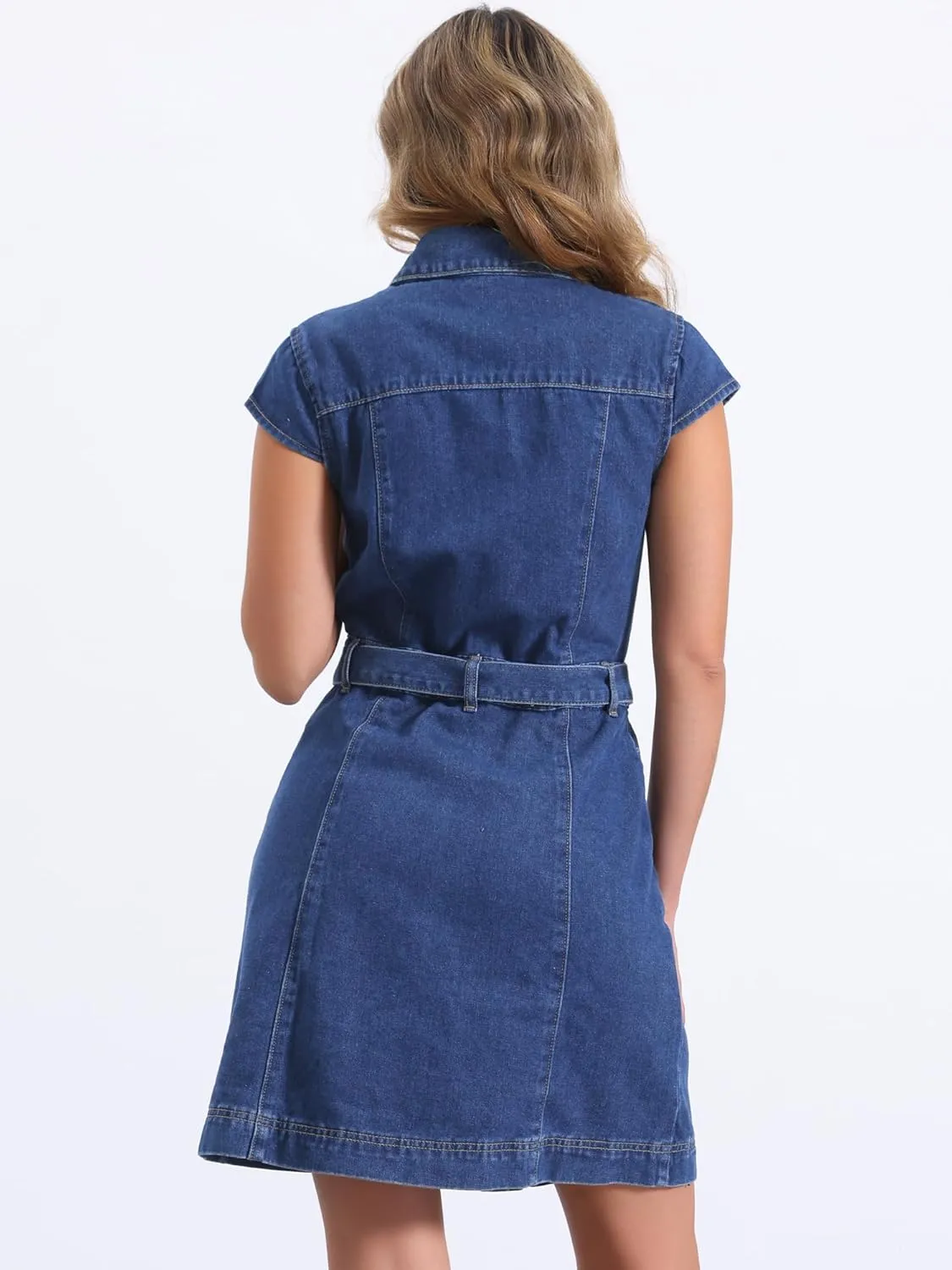 Allegra K Women's Summer Denim Dress Casual Cap Sleeve Belted Button Down V Neck Jean Shirt Dresses