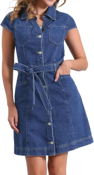 Allegra K Women's Summer Denim Dress Casual Cap Sleeve Belted Button Down V Neck Jean Shirt Dresses