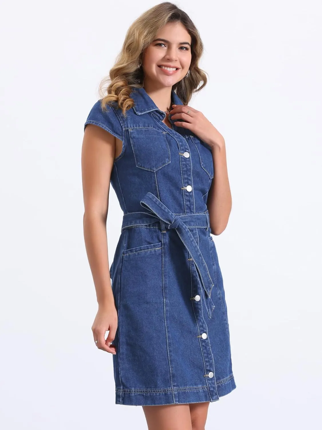 Allegra K Women's Summer Denim Dress Casual Cap Sleeve Belted Button Down V Neck Jean Shirt Dresses