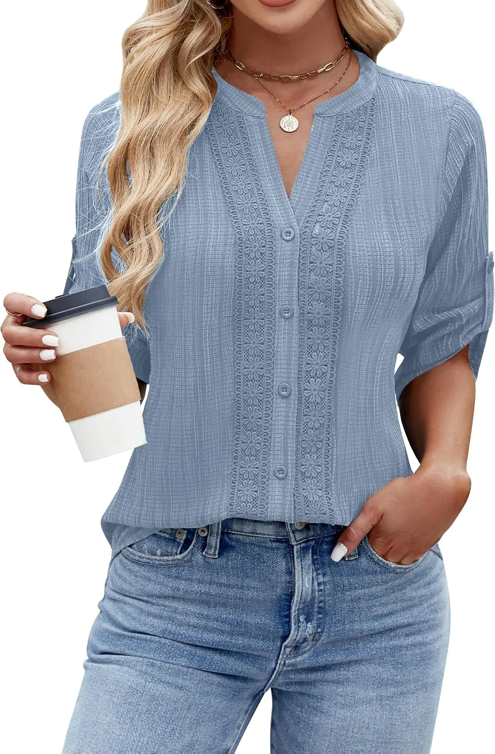 Blooming Jelly Womens Button Down Shirts Lace Crochet Dressy Casual Tops 3/4 Sleeve Work Summer Outfits 2025