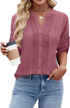 Blooming Jelly Womens Button Down Shirts Lace Crochet Dressy Casual Tops 3/4 Sleeve Work Summer Outfits 2025