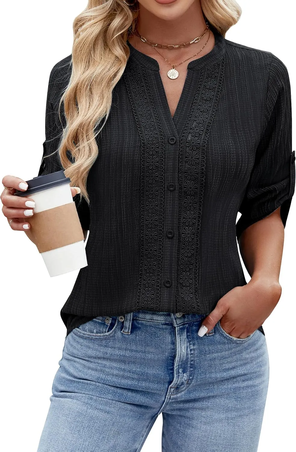 Blooming Jelly Womens Button Down Shirts Lace Crochet Dressy Casual Tops 3/4 Sleeve Work Summer Outfits 2025