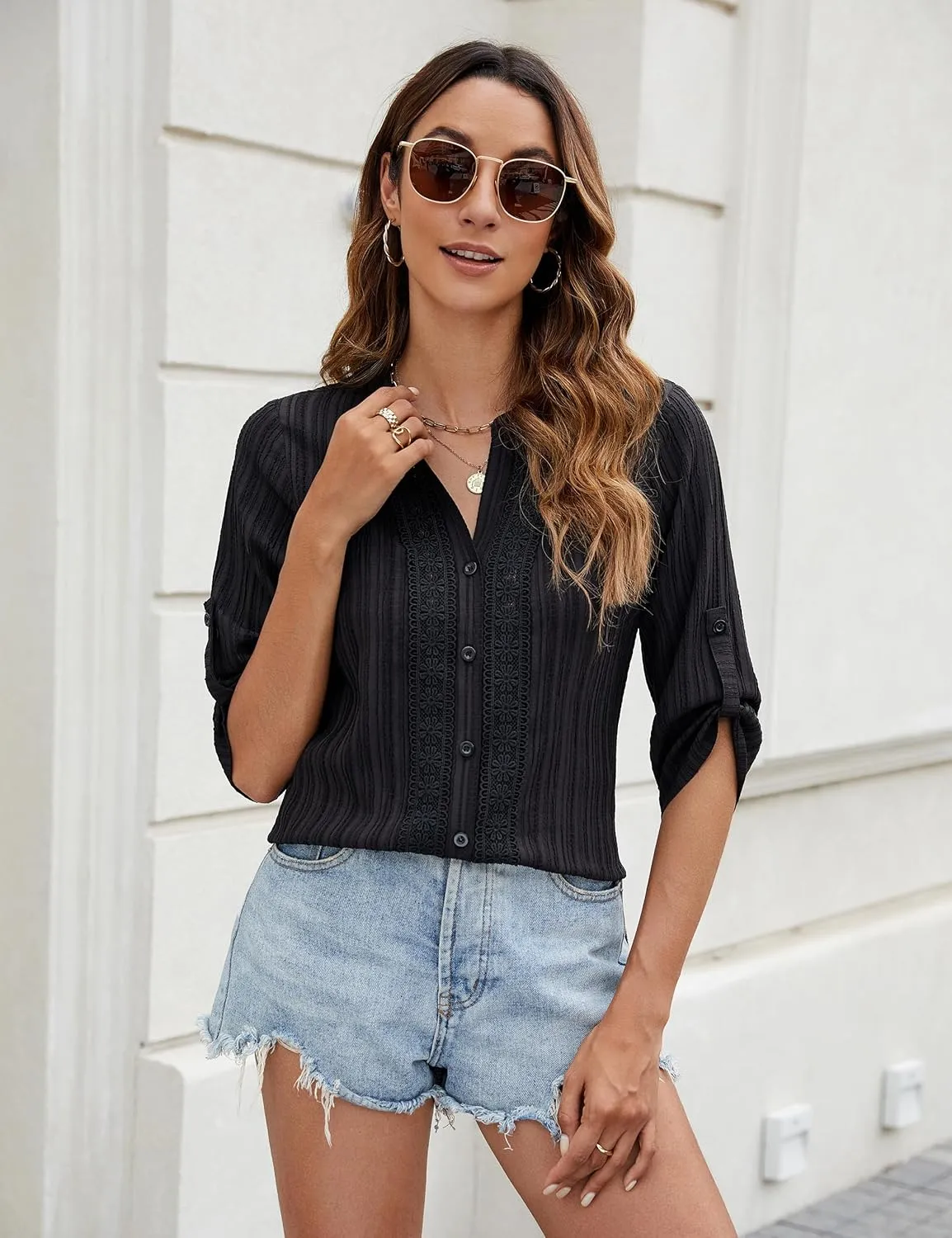 Blooming Jelly Womens Button Down Shirts Lace Crochet Dressy Casual Tops 3/4 Sleeve Work Summer Outfits 2025