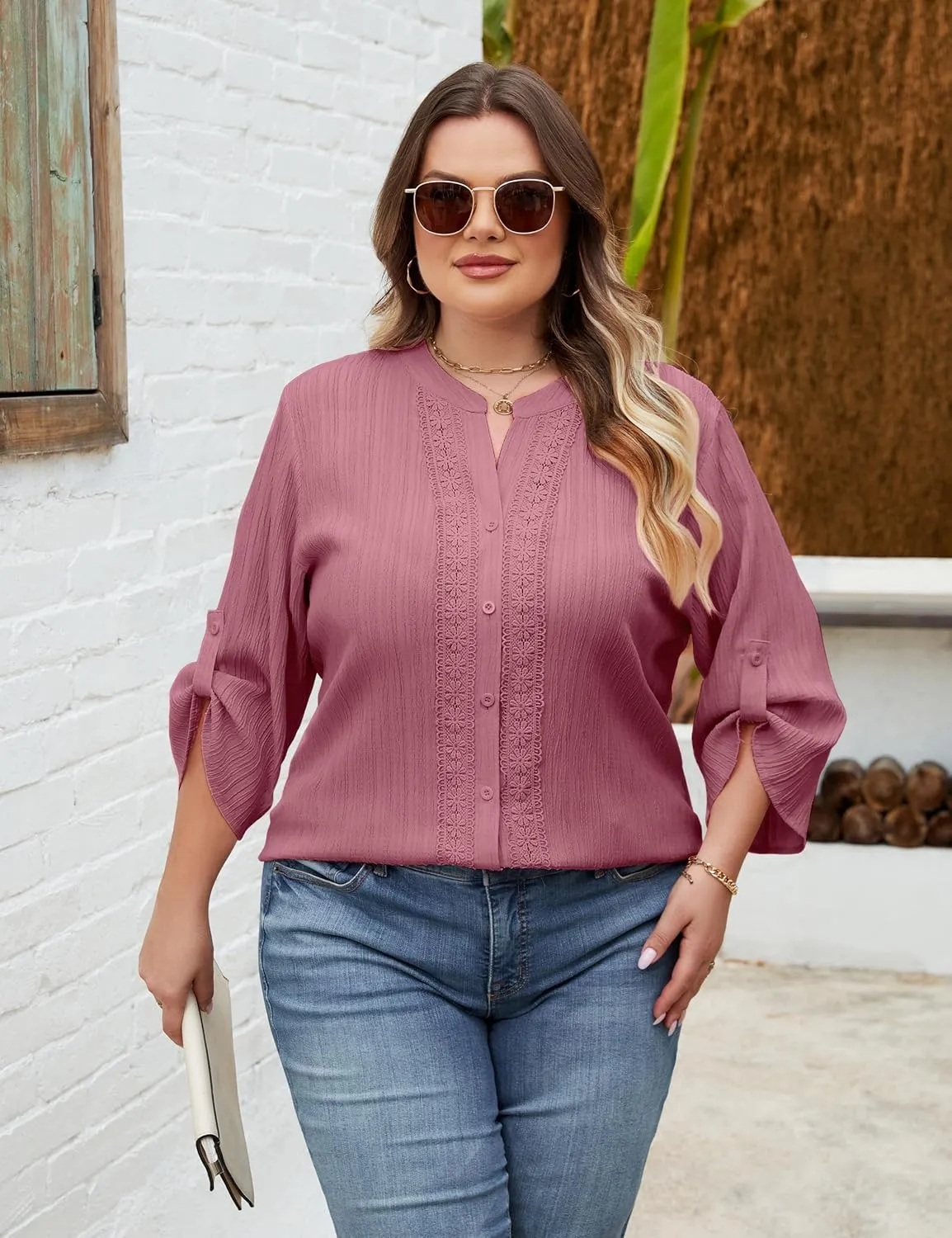 Blooming Jelly Womens Button Down Shirts Lace Crochet Dressy Casual Tops 3/4 Sleeve Work Summer Outfits 2025