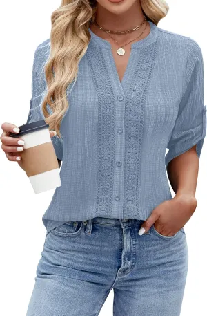 Blooming Jelly Womens Button Down Shirts Lace Crochet Dressy Casual Tops 3/4 Sleeve Work Summer Outfits 2025