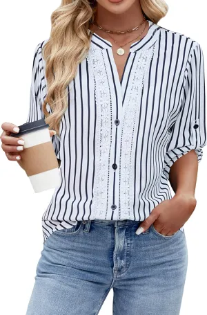 Blooming Jelly Womens Button Down Shirts Lace Crochet Dressy Casual Tops 3/4 Sleeve Work Summer Outfits 2025