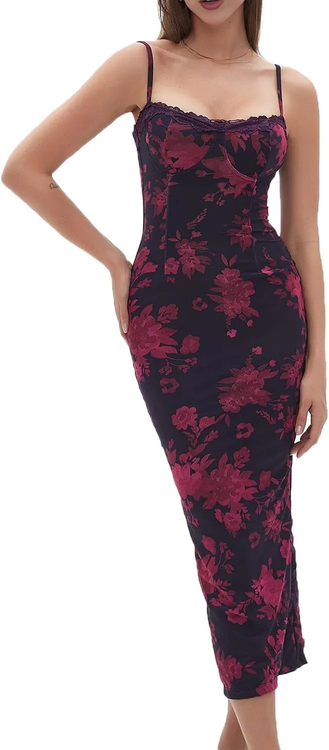 CHYRII Women 2025 Summer Spaghetti Straps Floral Maxi Dress Bodycon Party Wedding Guest Dress