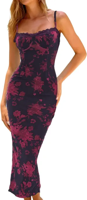 CHYRII Women 2025 Summer Spaghetti Straps Floral Maxi Dress Bodycon Party Wedding Guest Dress