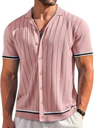 COOFANDY Men's Short Sleeve Knit Shirt Casual Button Down Shirt Vintage Striped Knitted Golf Beach Tops