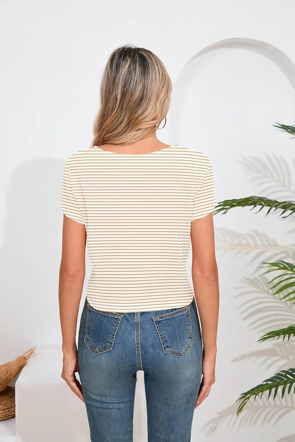 Iandroiy Women's Summer Causal Short Sleeve Blouse Round Neck Crop Tops Twist Front Tee T-Shirt