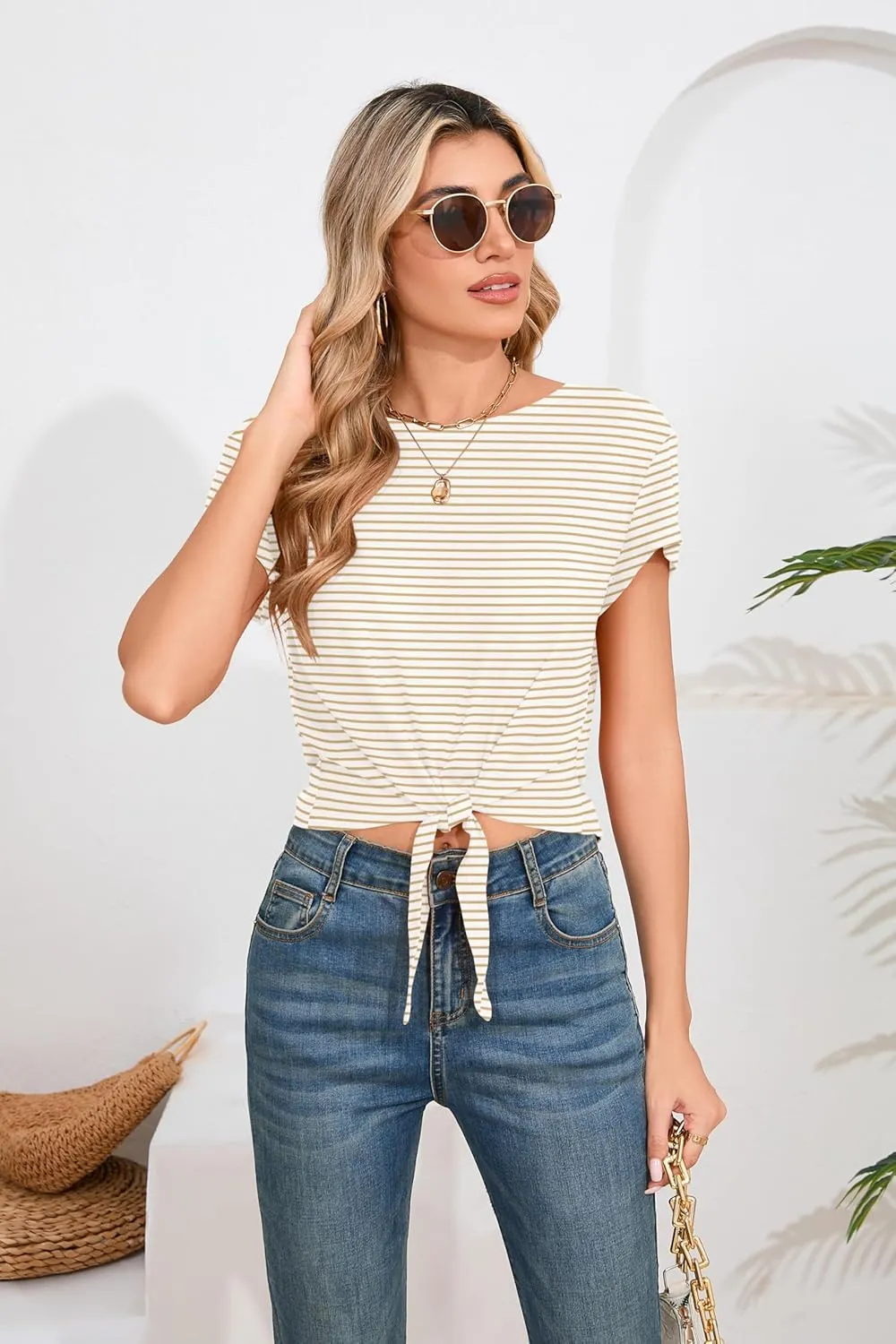 Iandroiy Women's Summer Causal Short Sleeve Blouse Round Neck Crop Tops Twist Front Tee T-Shirt