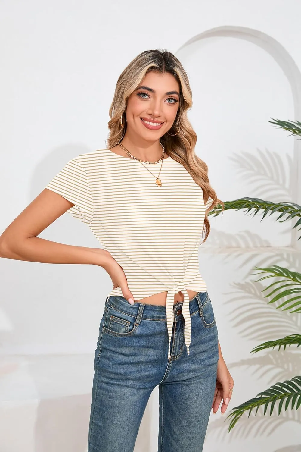 Iandroiy Women's Summer Causal Short Sleeve Blouse Round Neck Crop Tops Twist Front Tee T-Shirt