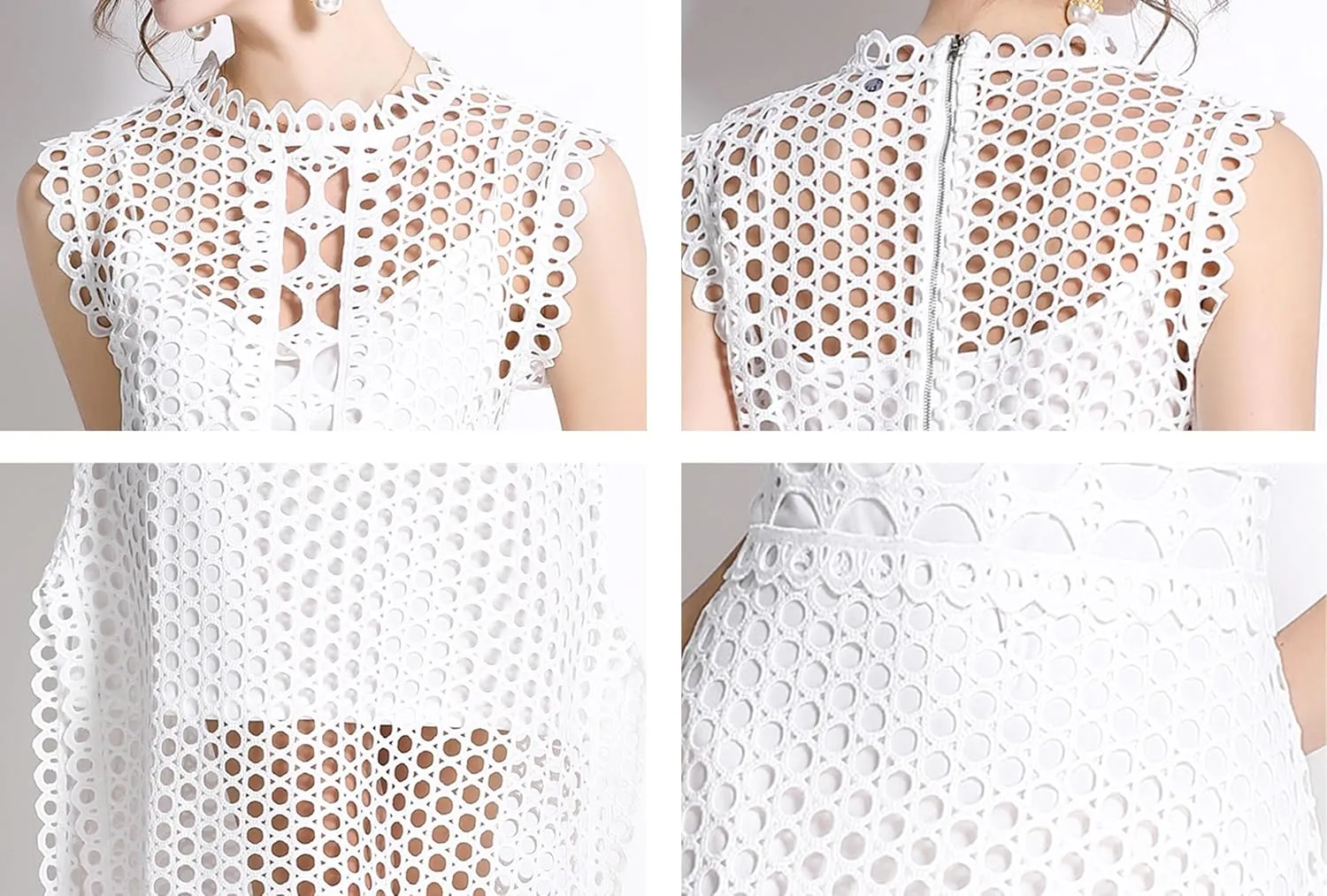 LAI MENG FIVE CATS Women's Summer Lace Eyelet Sleeveless Split Midi Dress with Slip Cami Dress