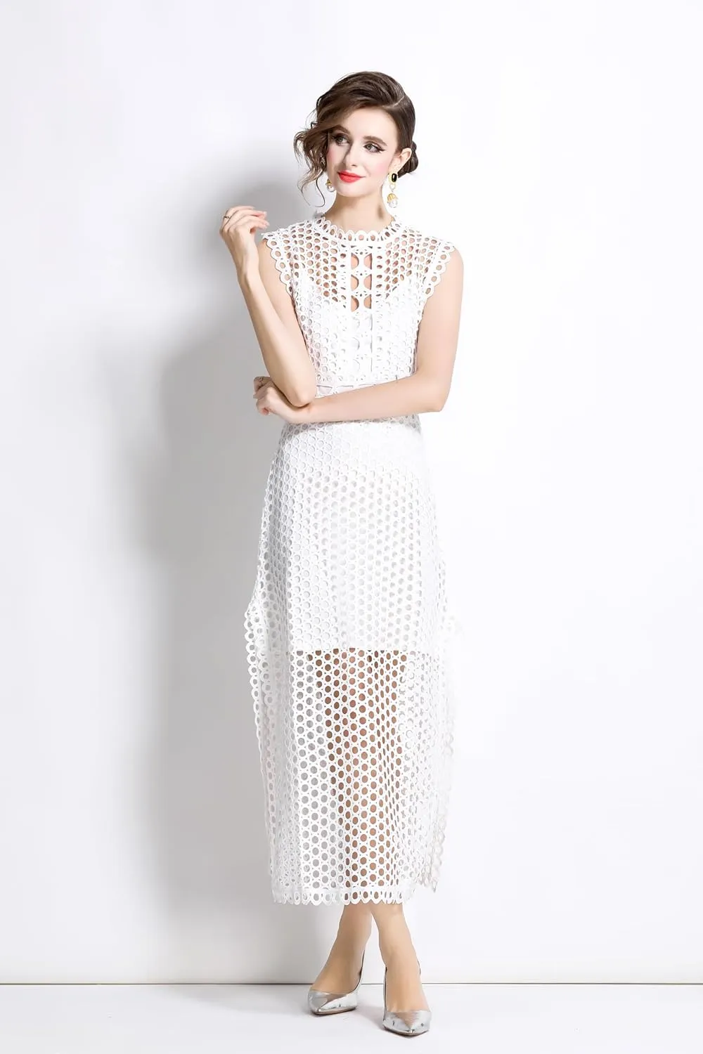 LAI MENG FIVE CATS Women's Summer Lace Eyelet Sleeveless Split Midi Dress with Slip Cami Dress