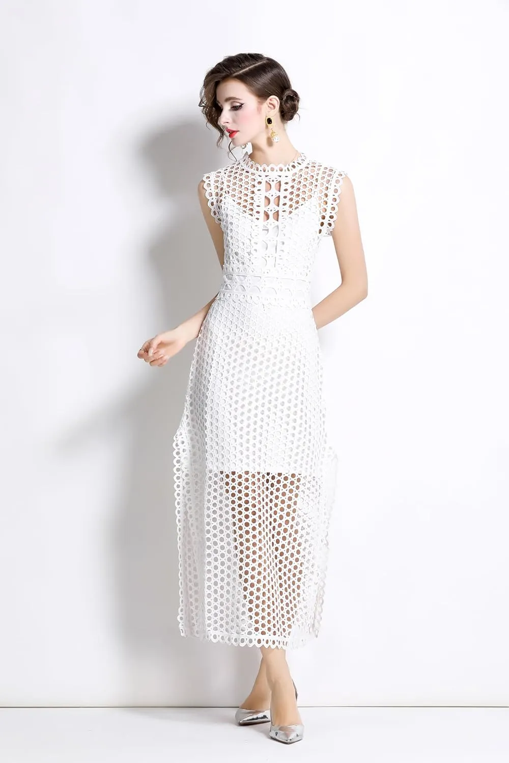 LAI MENG FIVE CATS Women's Summer Lace Eyelet Sleeveless Split Midi Dress with Slip Cami Dress