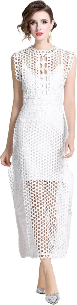 LAI MENG FIVE CATS Women's Summer Lace Eyelet Sleeveless Split Midi Dress with Slip Cami Dress