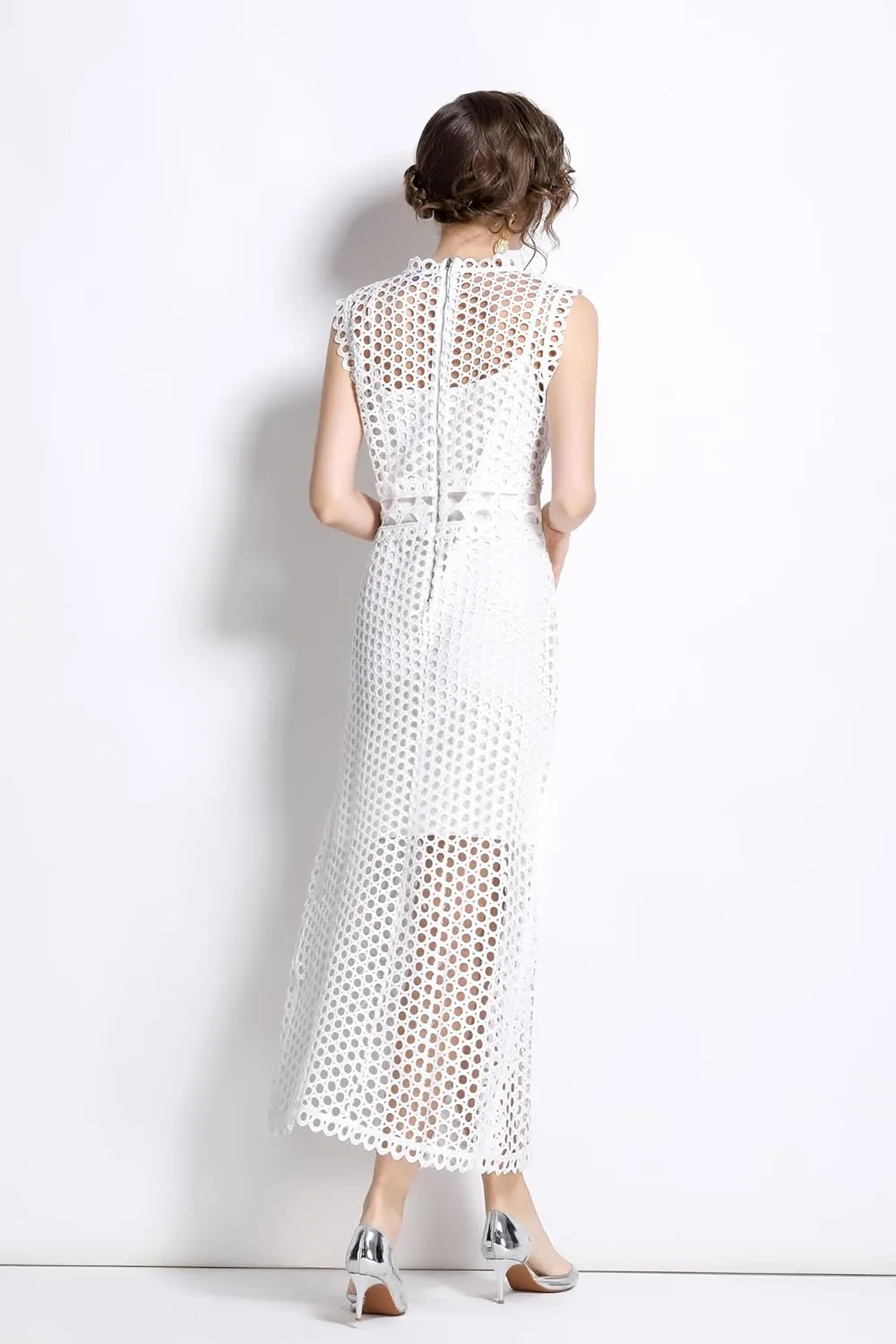 LAI MENG FIVE CATS Women's Summer Lace Eyelet Sleeveless Split Midi Dress with Slip Cami Dress