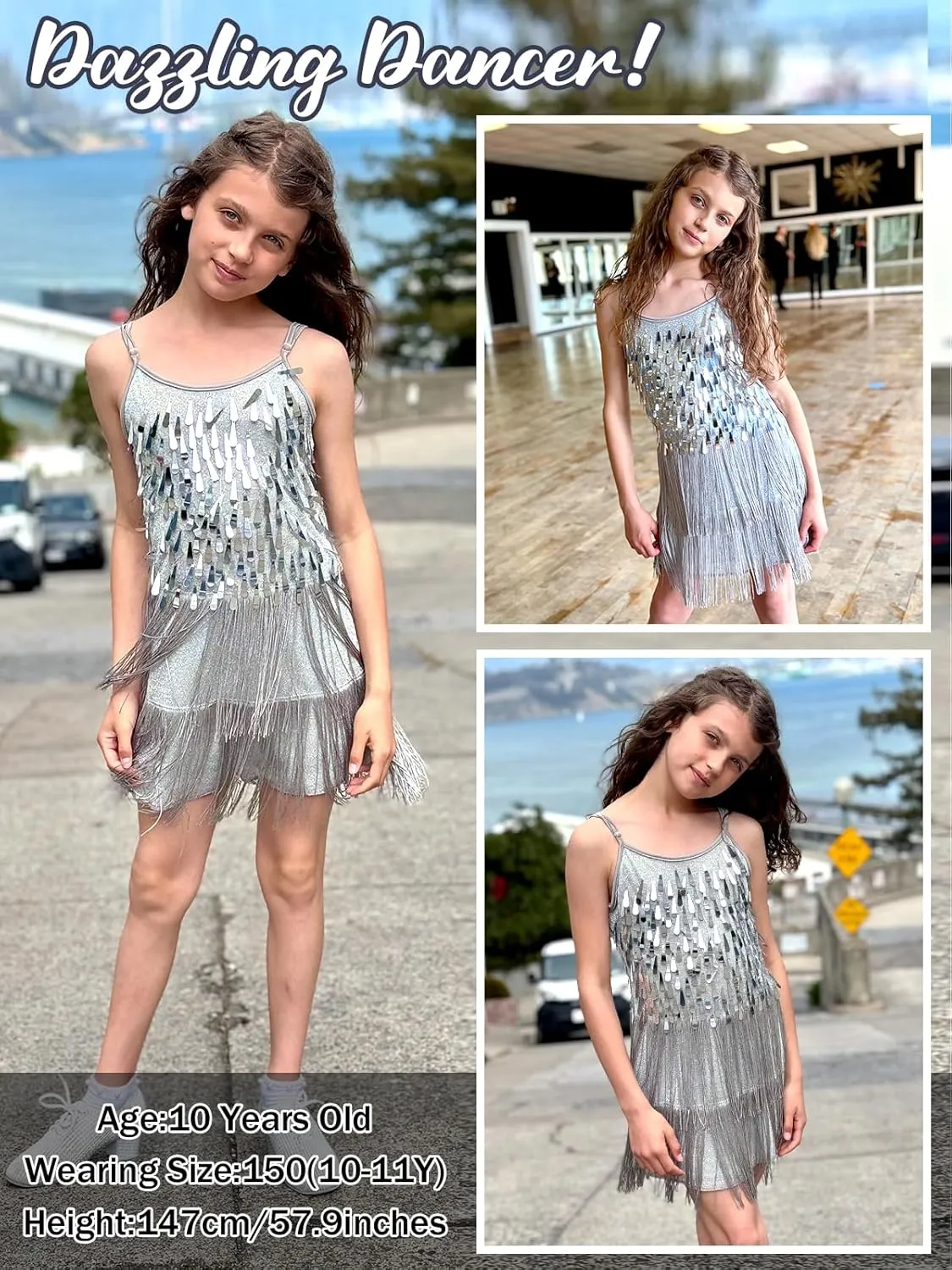 LOLANTA 2Pcs Girls Sequin Fringe Dress, Salsa Cha Cha Tassel Latin Dance Dress & Shorts, Adjustable Spaghetti Strap 5-13 Yrs