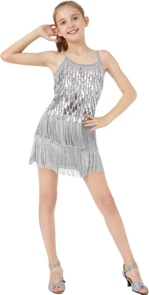 LOLANTA 2Pcs Girls Sequin Fringe Dress, Salsa Cha Cha Tassel Latin Dance Dress & Shorts, Adjustable Spaghetti Strap 5-13 Yrs