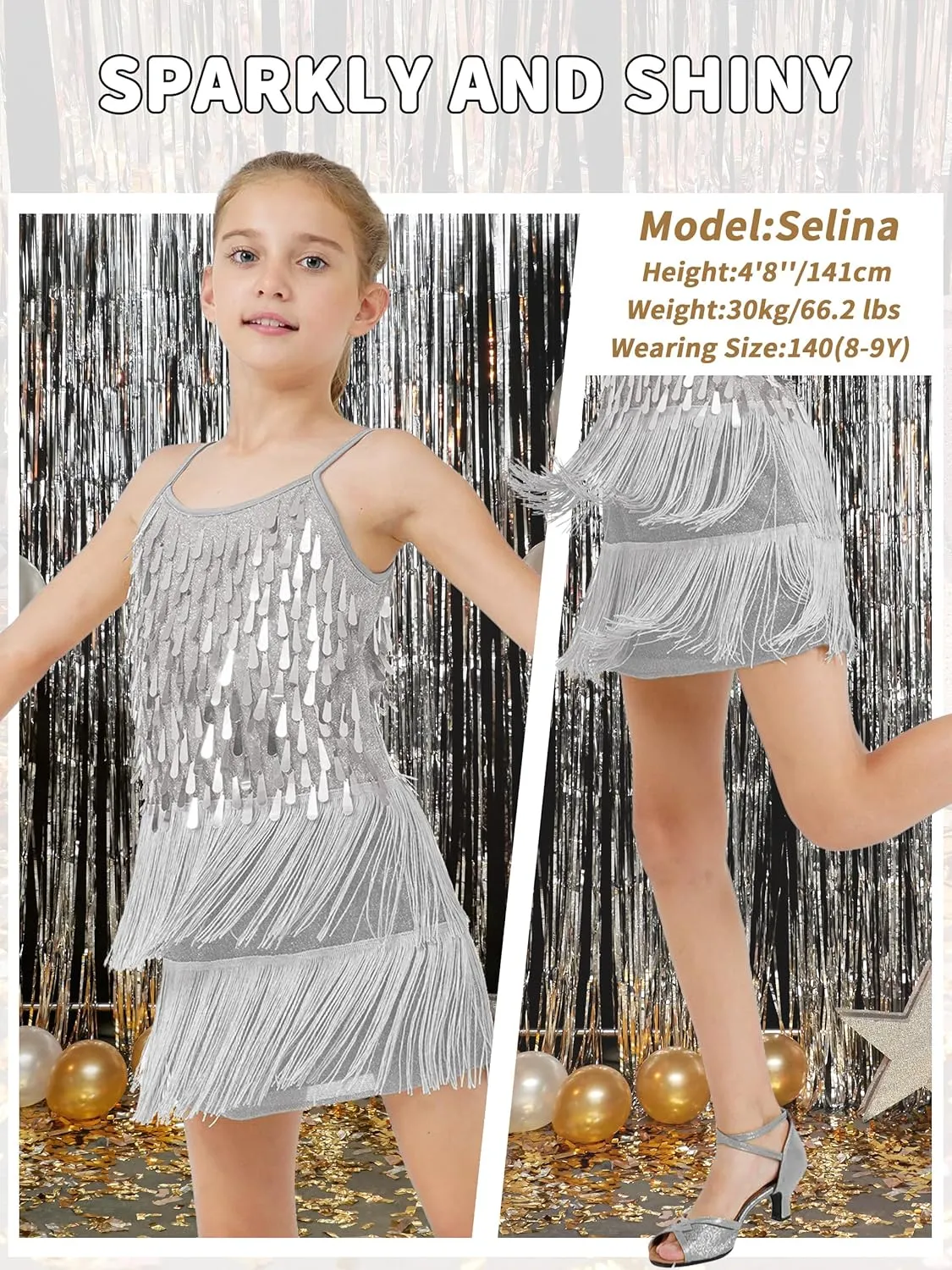 LOLANTA 2Pcs Girls Sequin Fringe Dress, Salsa Cha Cha Tassel Latin Dance Dress & Shorts, Adjustable Spaghetti Strap 5-13 Yrs