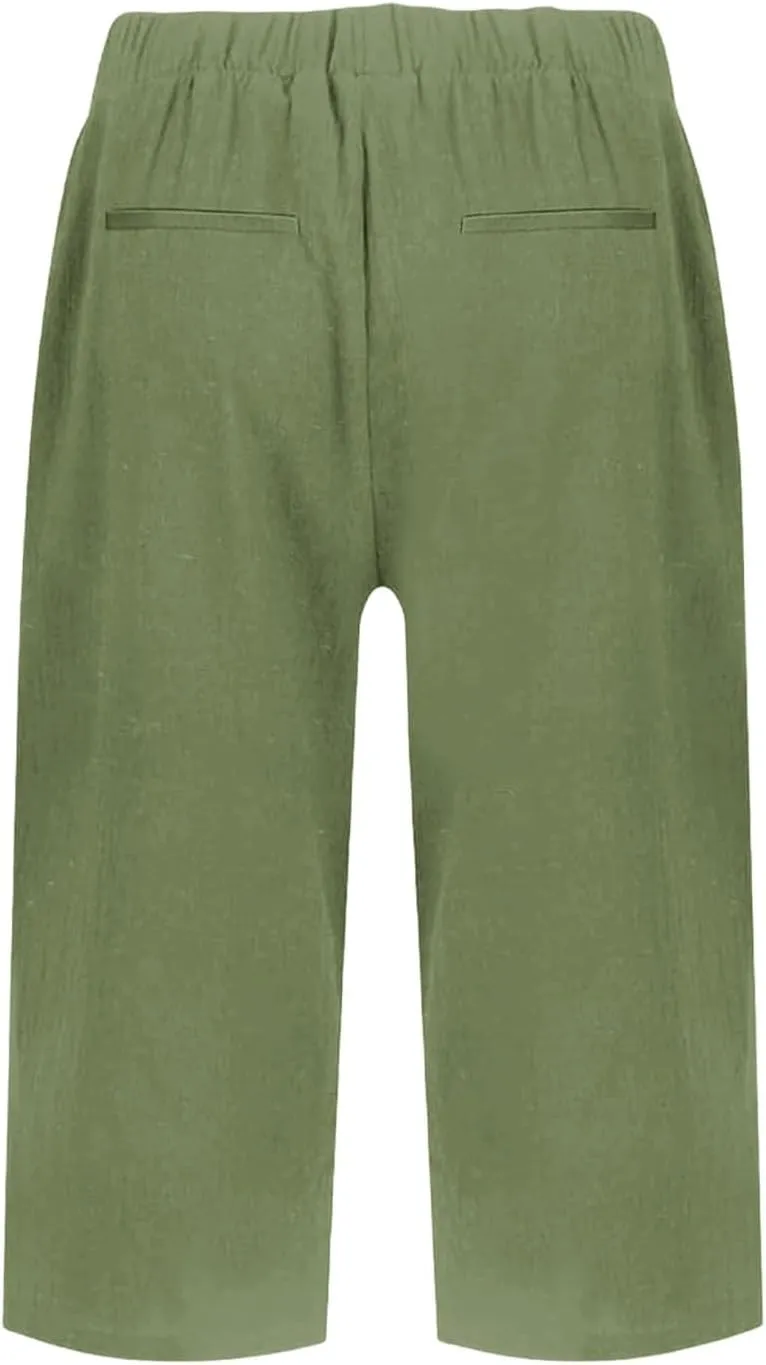 Pedal Pushers for Women Lightweight Linen Capri Pants Casual Elastic Waist Bermuda Shorts Summer Beach Pant