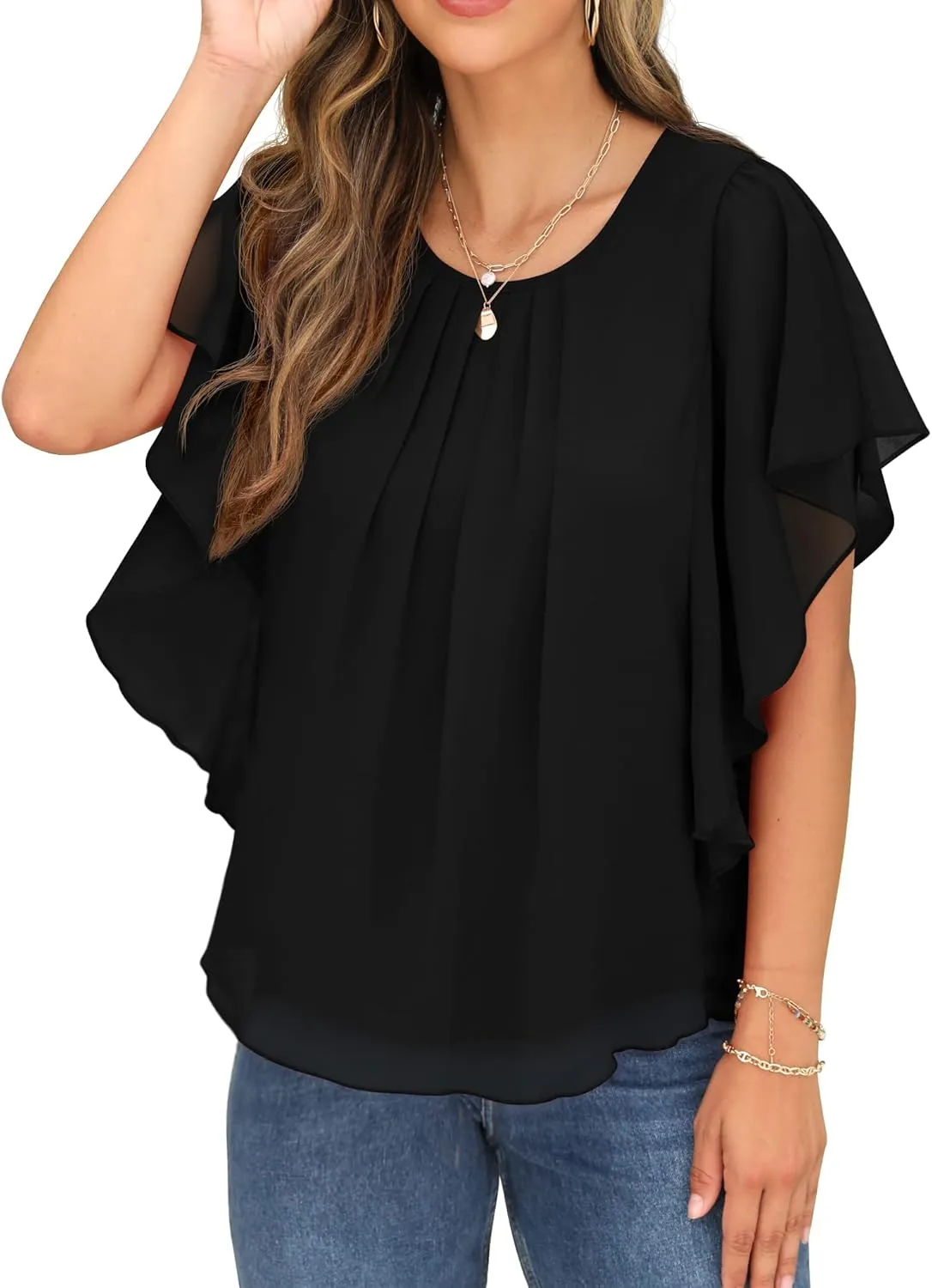 QIXING Summer Casual Loose Round Neck Chiffon Flowy Tops Blouses for Women
