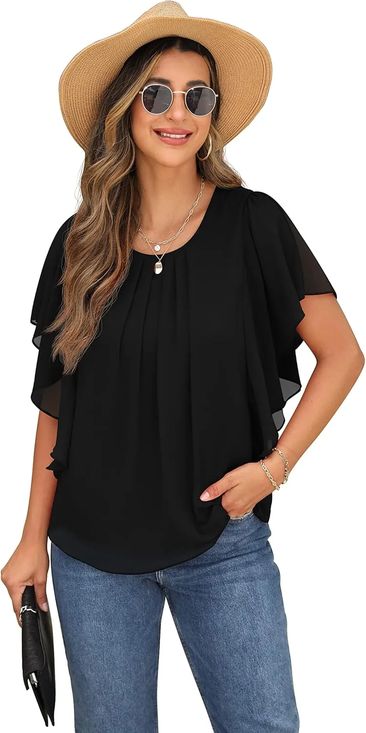 QIXING Summer Casual Loose Round Neck Chiffon Flowy Tops Blouses for Women