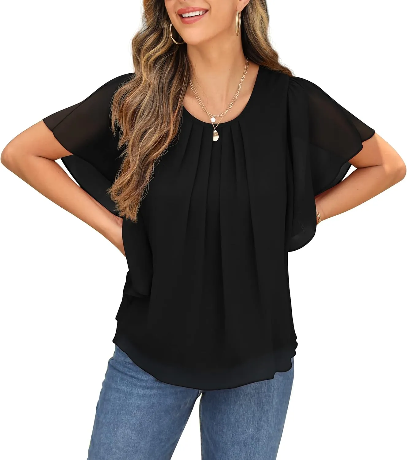 QIXING Summer Casual Loose Round Neck Chiffon Flowy Tops Blouses for Women