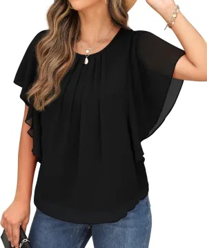 QIXING Summer Casual Loose Round Neck Chiffon Flowy Tops Blouses for Women