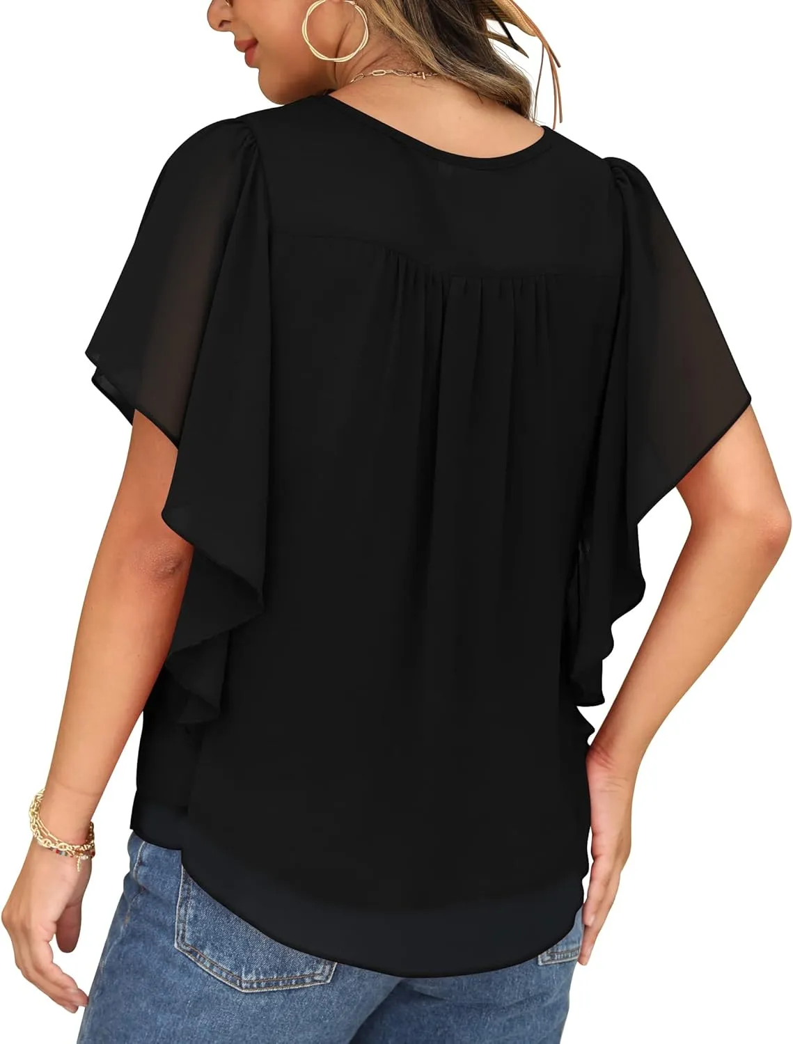QIXING Summer Casual Loose Round Neck Chiffon Flowy Tops Blouses for Women