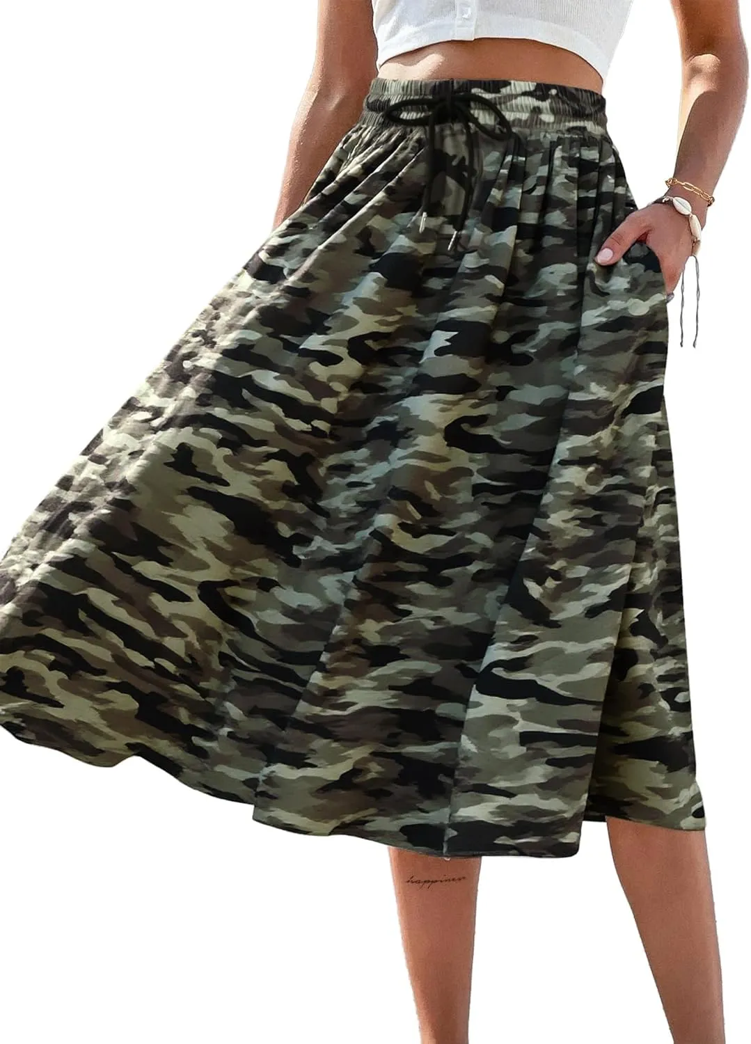 SOFIA'S CHOICE Women's A Line Pleated Drawstring Skirts Flared Midi Skirt with Pockets