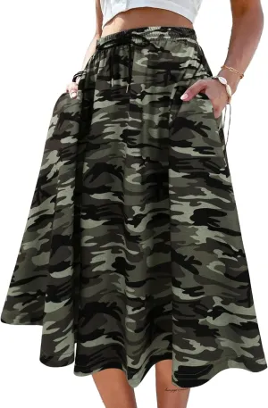 SOFIA'S CHOICE Women's A Line Pleated Drawstring Skirts Flared Midi Skirt with Pockets