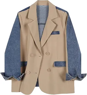 UIOKLMJH Women's Notched Collar Patchwork Denim Blazer Long Sleeve Suit Coat
